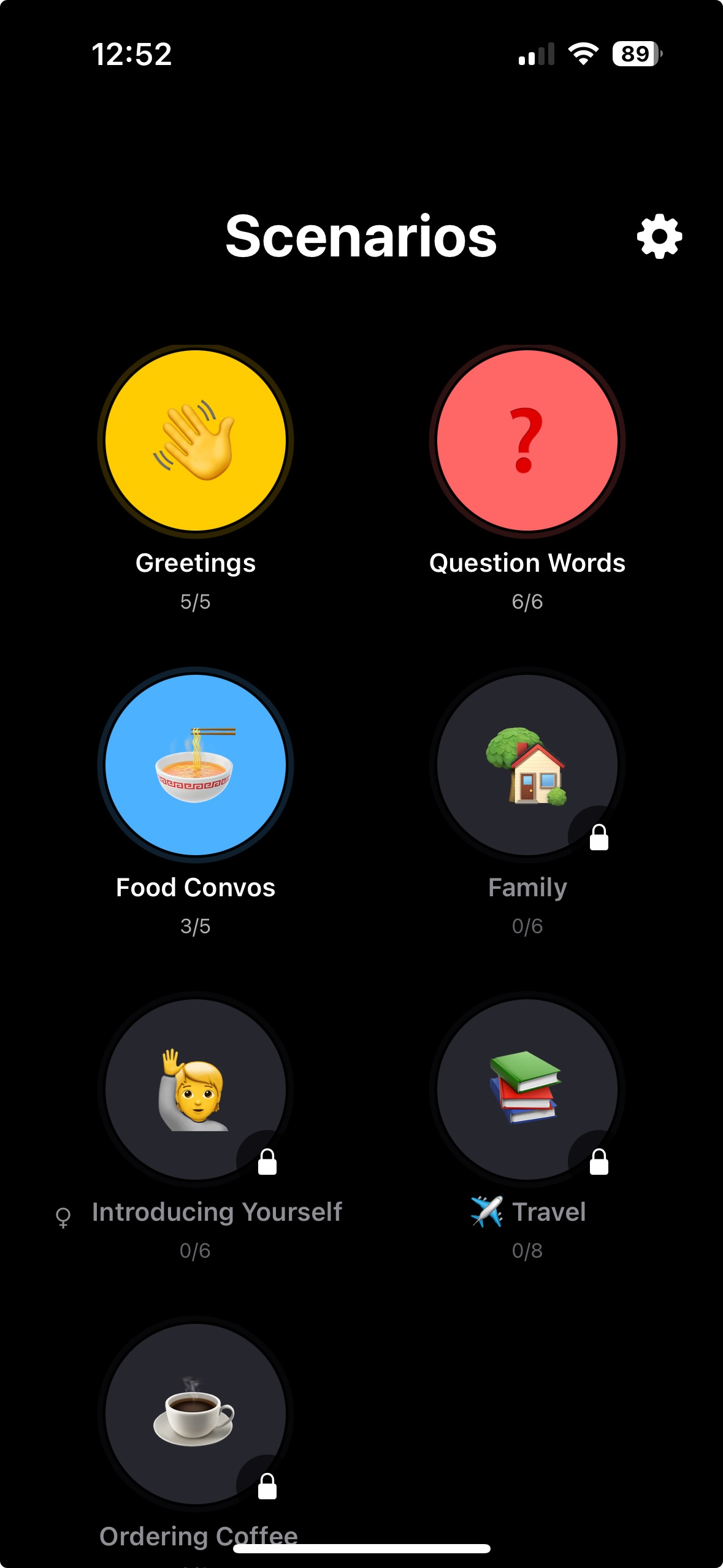 SayKili app - Scenarios: Greetings, Question Words, Food Convos, Family, and more